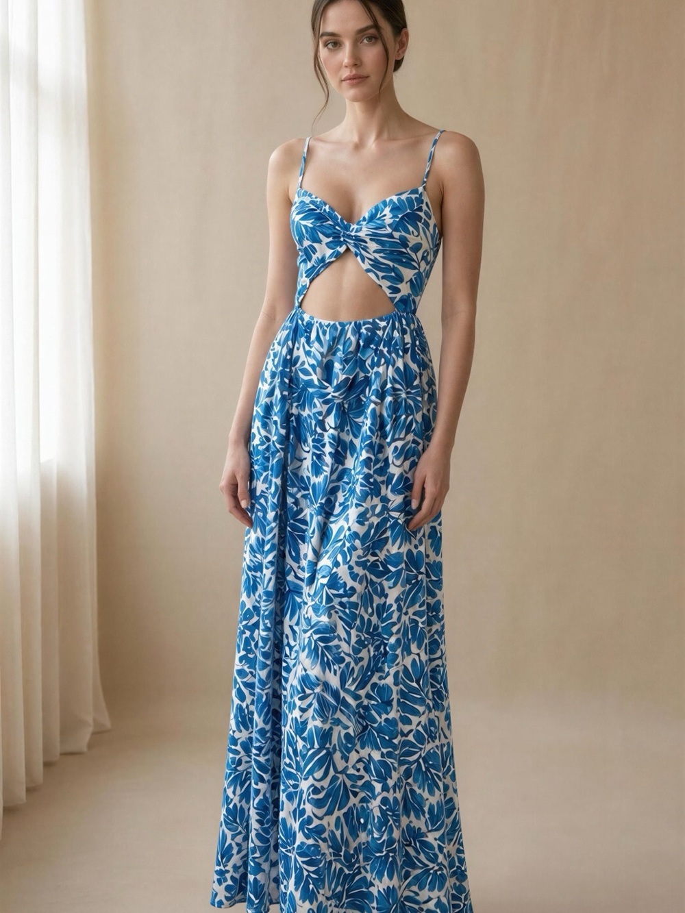 Blue Floral Twist Cutout Maxi Dress